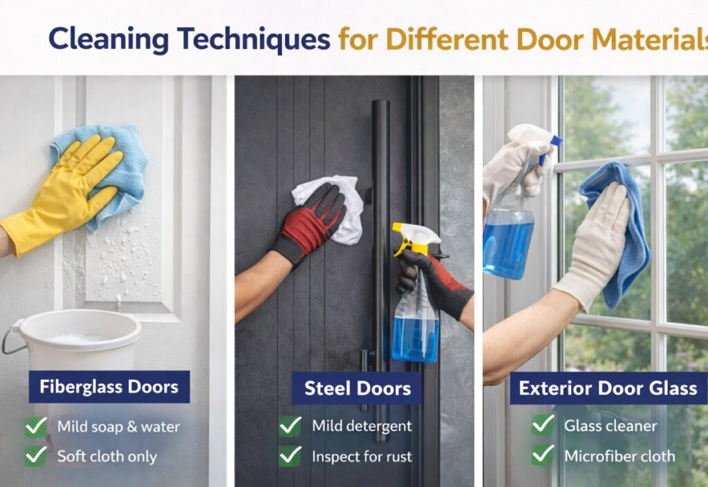 Cleaning techniques for fiberglass doors, steel doors, and exterior door glass using proper materials and methods
