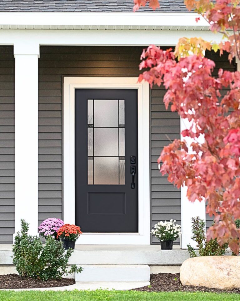Contemporary fiberglass entry door with two recessed shaker panels in crisp white