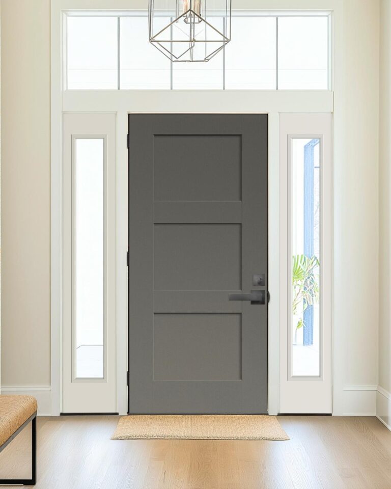 Gray fiberglass exterior door with horizontal groove design and matte finish.
