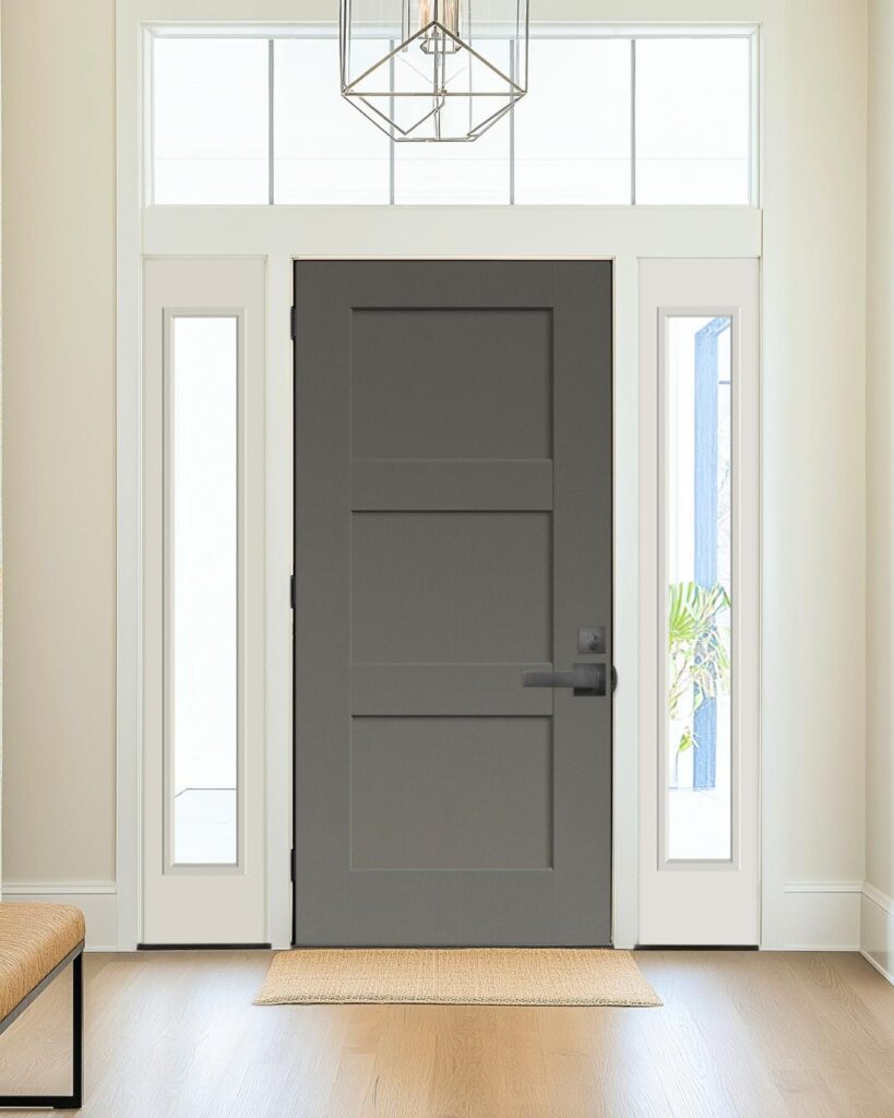 Three-panel fiberglass shaker entry door in dark brown woodgrain for timeless charm