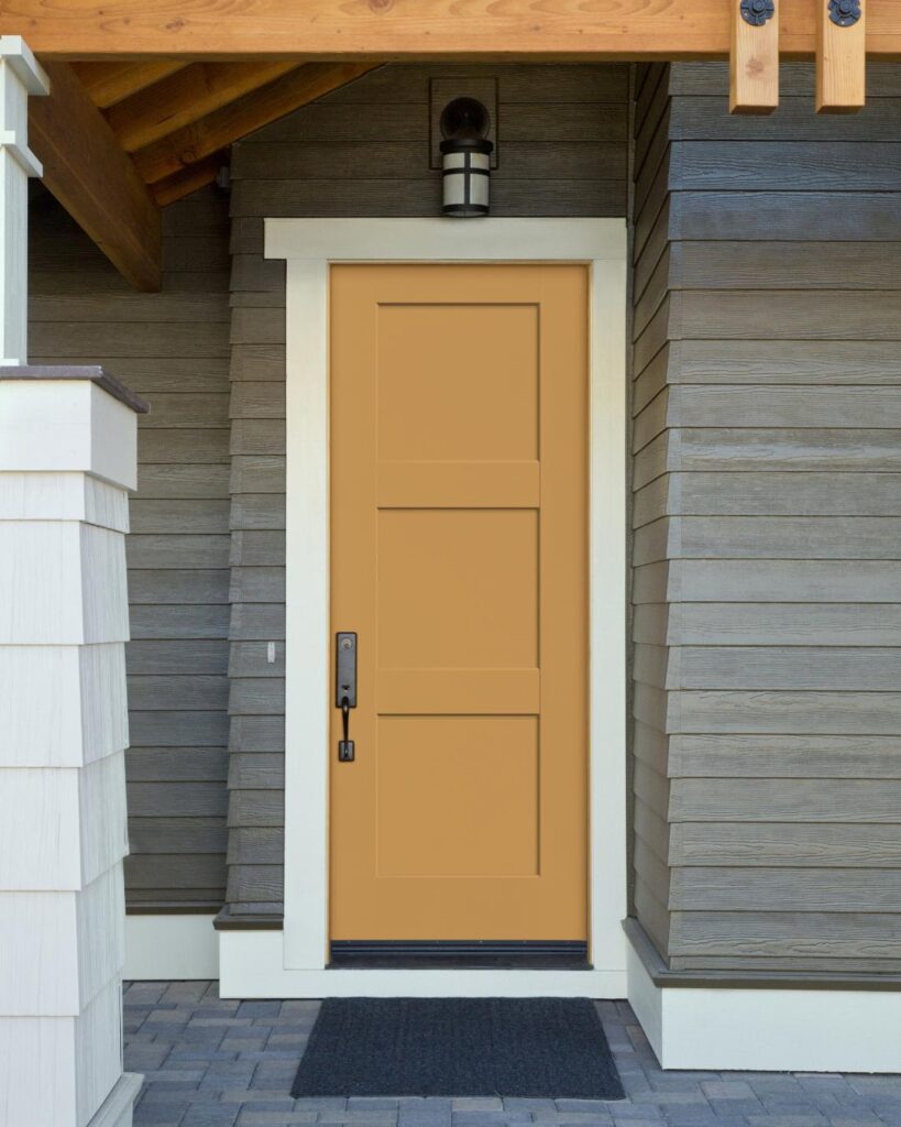 Classic fiberglass entry door with three vertical shaker panels and warm wood texture