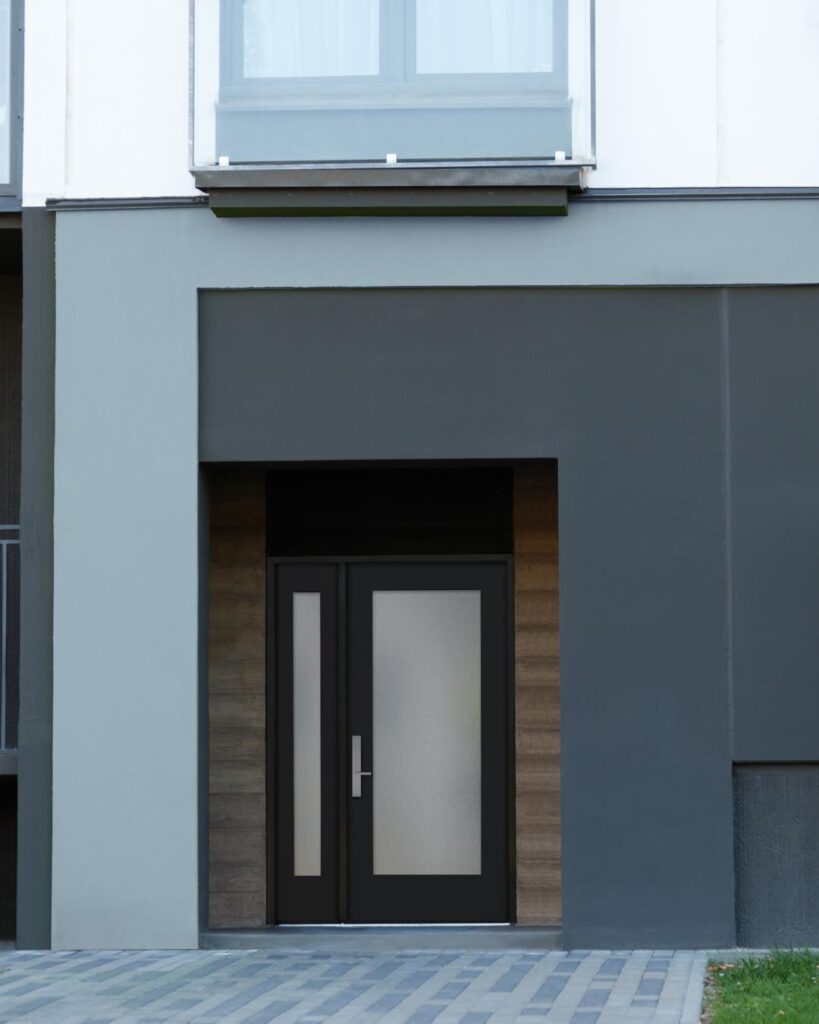 Shaker-style fiberglass front door in a natural gray woodgrain finish for curb appeal