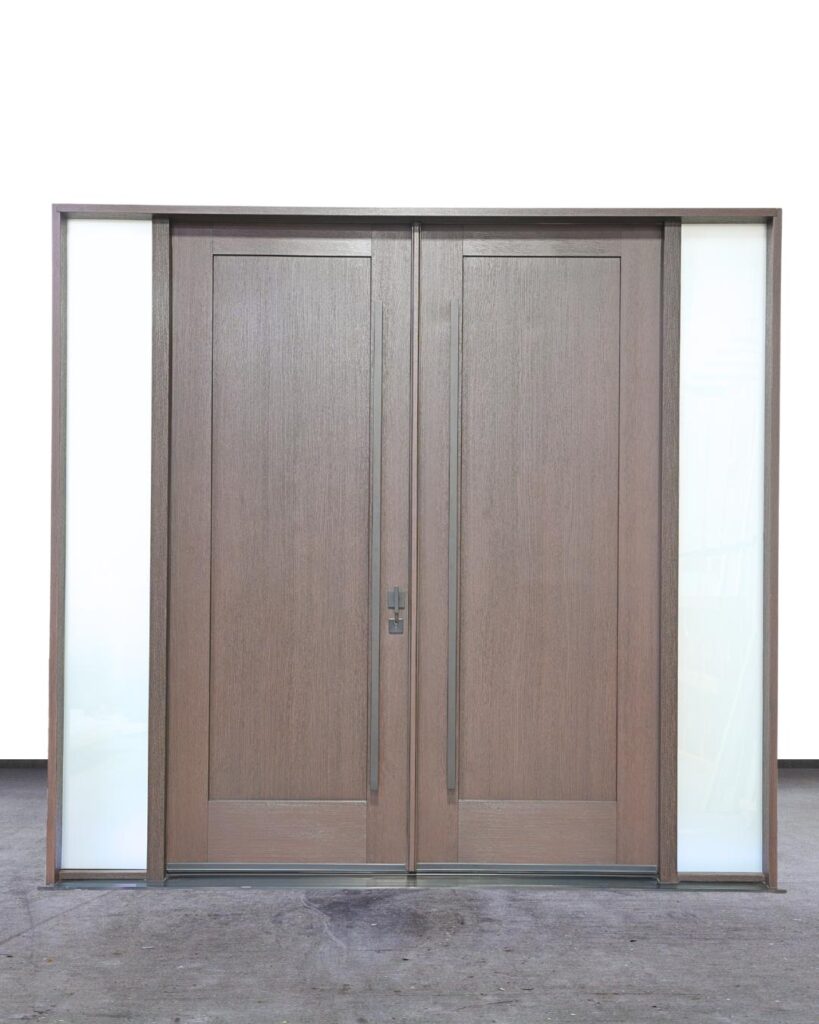 Beige fiberglass front door with minimalist shaker design and smooth surface
