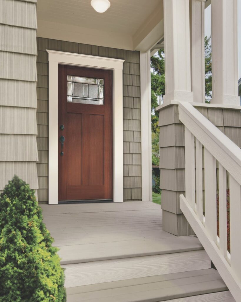 Traditional fiberglass entry door with two shaker-style panels and smooth surface