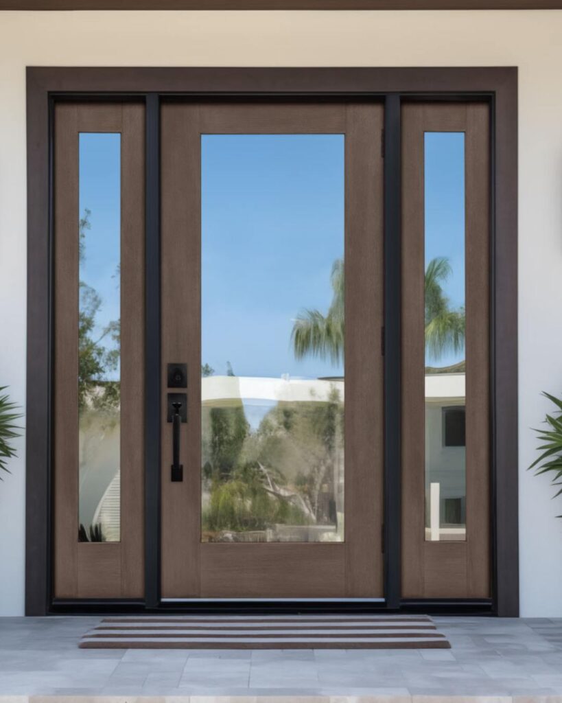 Modern fiberglass entry door with a single recessed shaker panel and smooth white finish