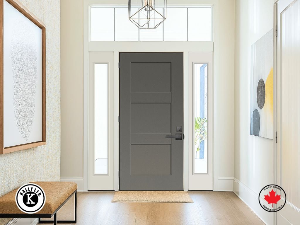 Modern grey front door with sidelights in a contemporary home entrance.