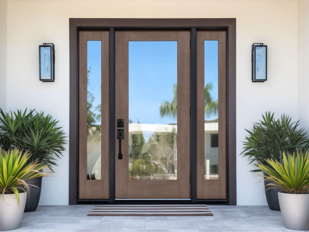 Modern exterior and interior doors with glass panels and wood finish for curb appeal and security.