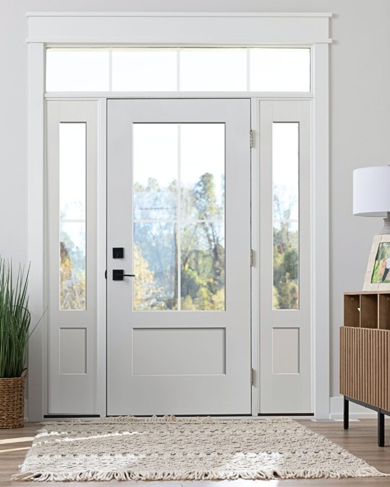 Two-panel white fiberglass front door with timeless, classic appeal.