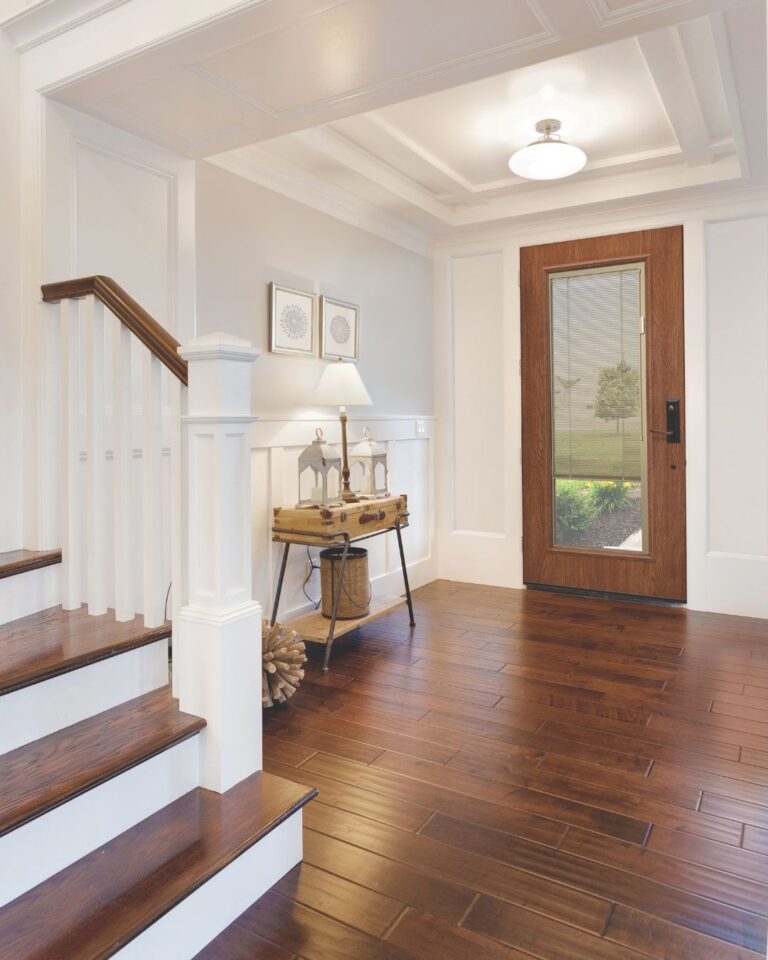 fiberglass front door with simple, clean lines for a modern home entrance.