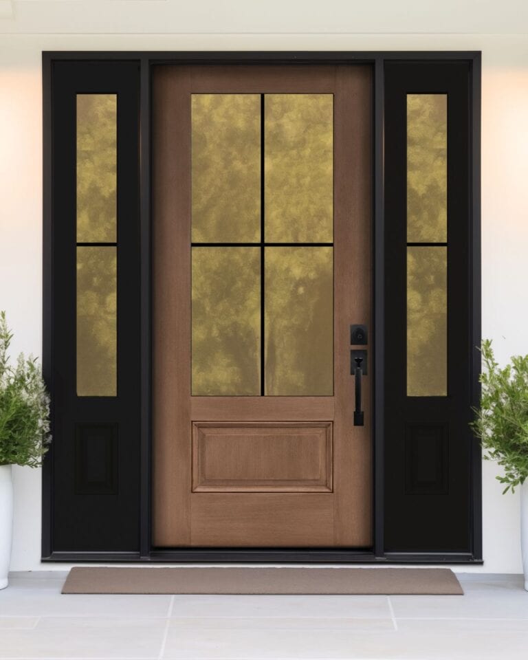 Dual dark walnut fiberglass front doors with decorative glass panels.
