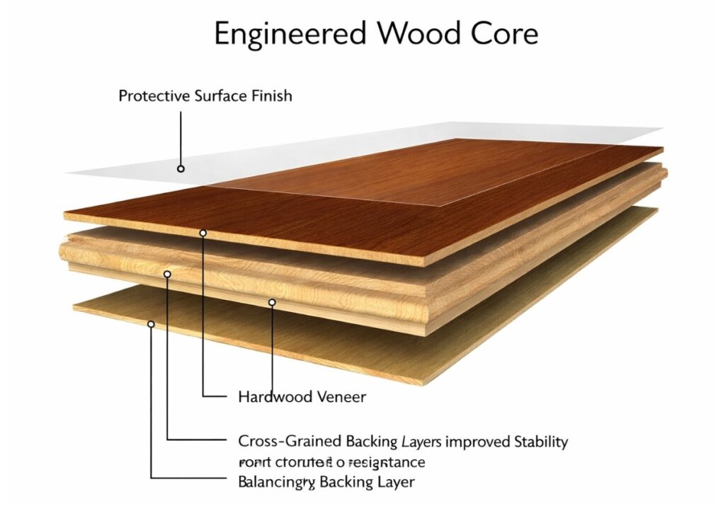 Engineered core door construction showing layered wood structure for stability and durability