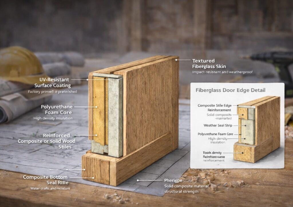 Fiberglass door construction cross section showing polyurethane foam core and reinforced composite stiles