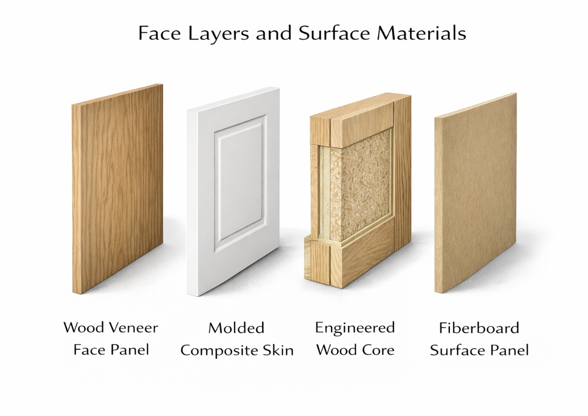 Solid core interior door face layers showing wood veneer face panel, molded composite skin, engineered wood core construction, and fiberboard surface panel