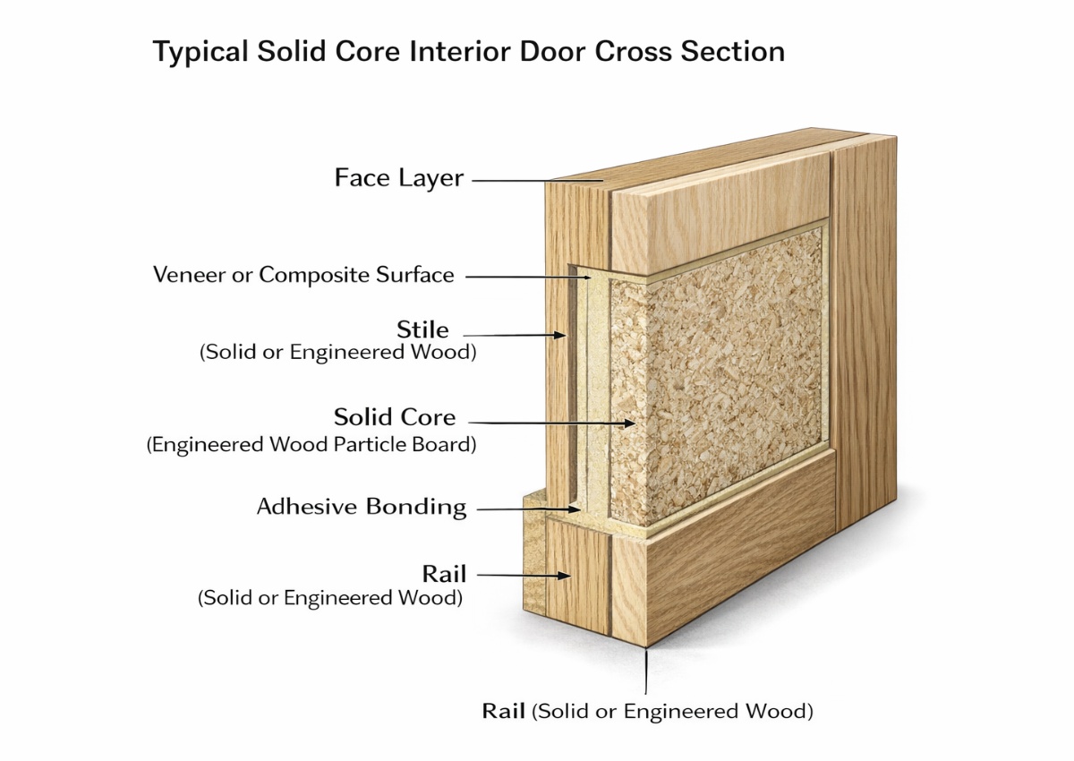 Solid core interior door cross section illustrating face layer, veneer or composite surface, engineered wood particleboard core, and solid wood stiles and rails