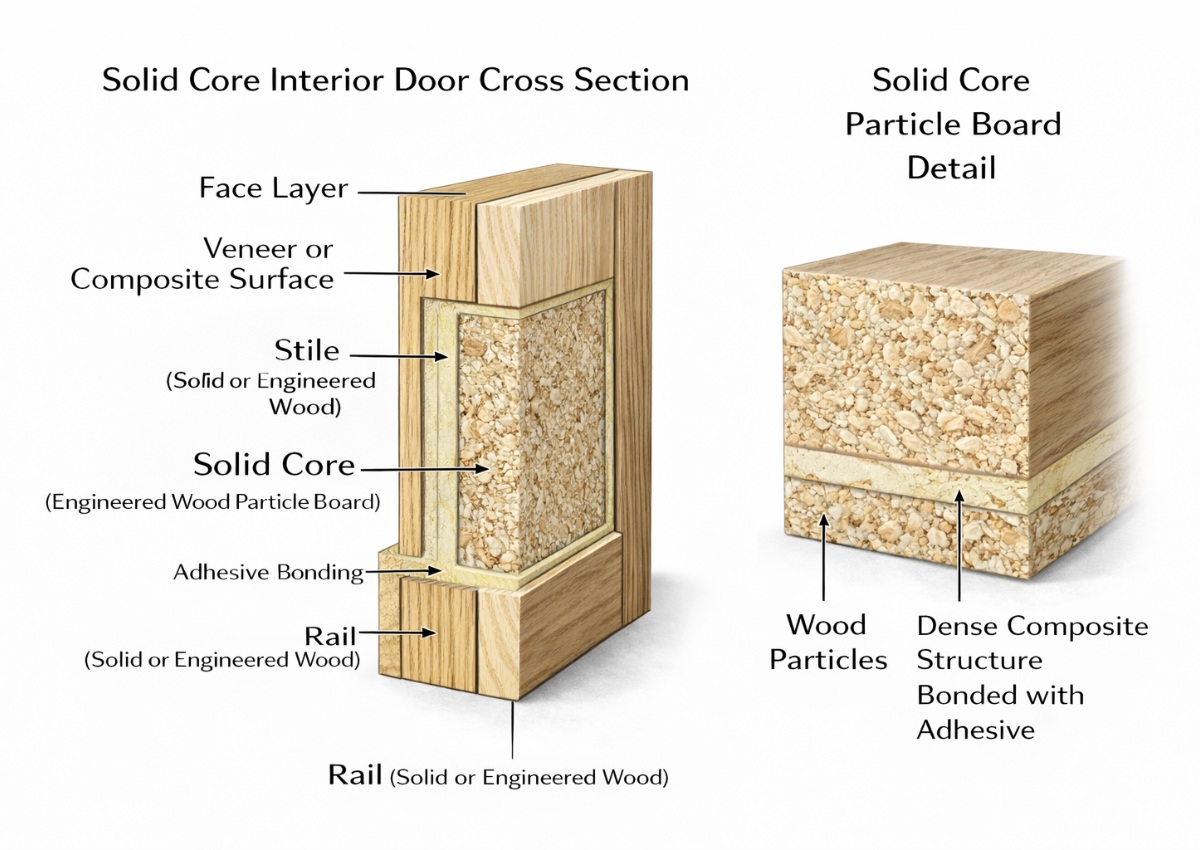 Close-up detail of solid core interior door particleboard core showing high-density engineered wood structure