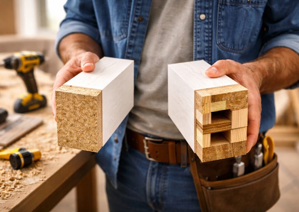 Solid core and engineered core interior door construction comparison showing dense MDF core and layered engineered wood structure