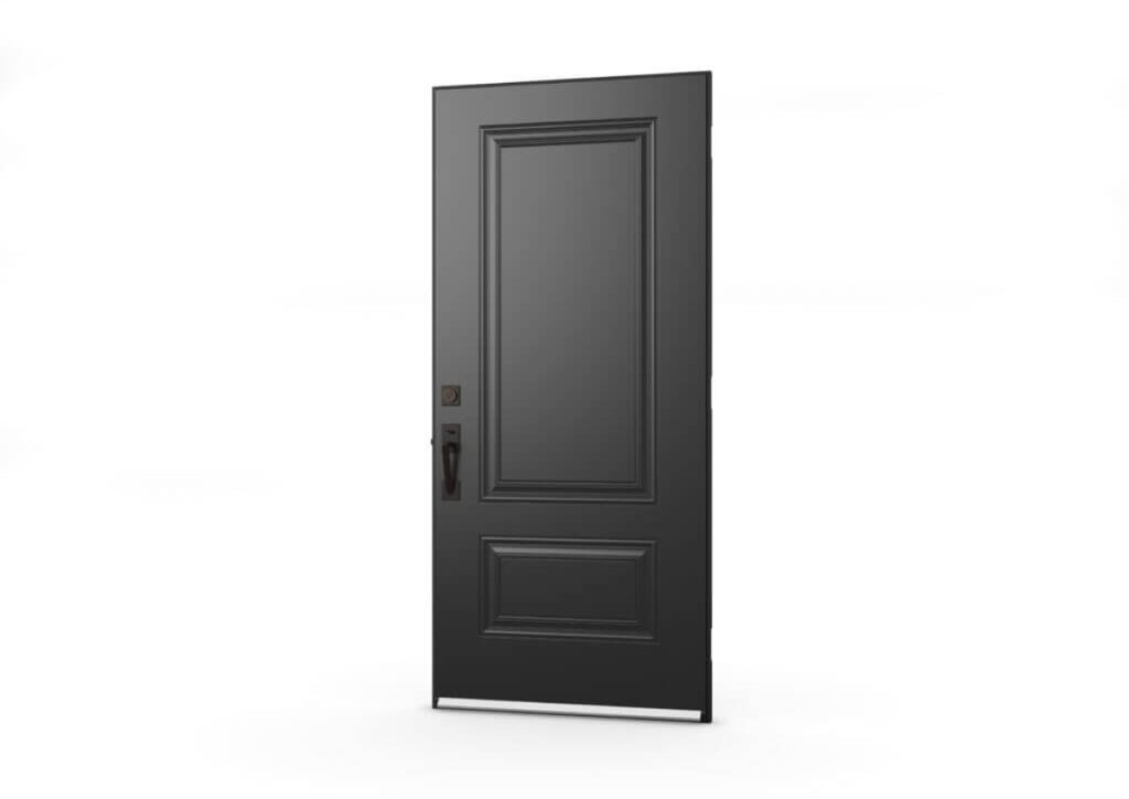 traditional black steel exterior door with raised panel design, insulated core, and durable exterior finish