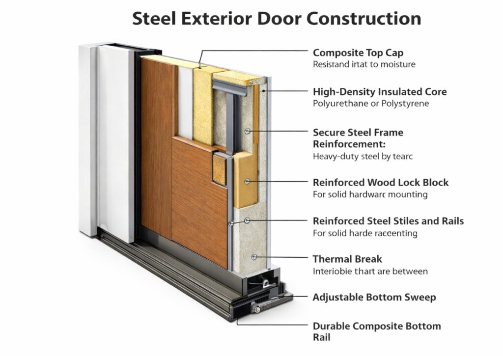 Cross section of a steel exterior door showing insulated core, reinforced steel frame, thermal break, and composite bottom rail