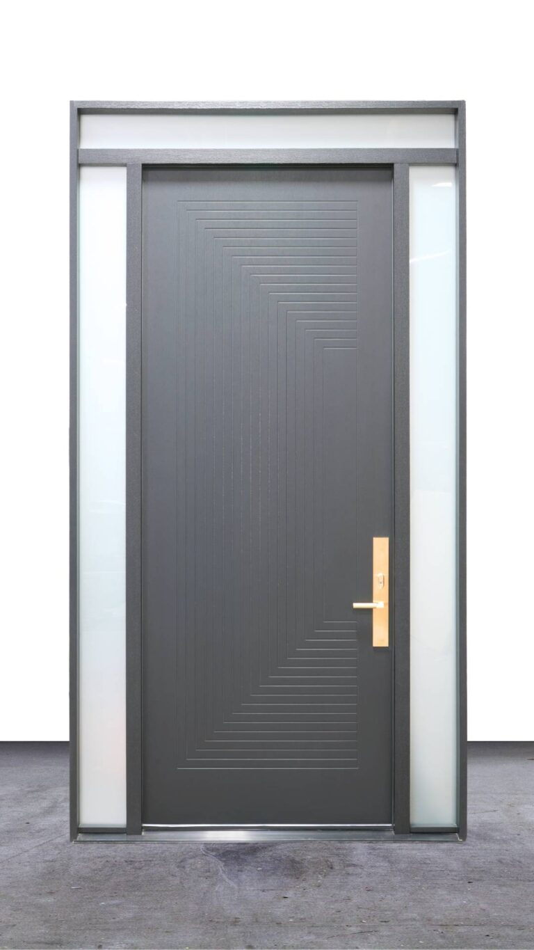Contemporary fiberglass exterior entry door with textured surface and premium hardware
