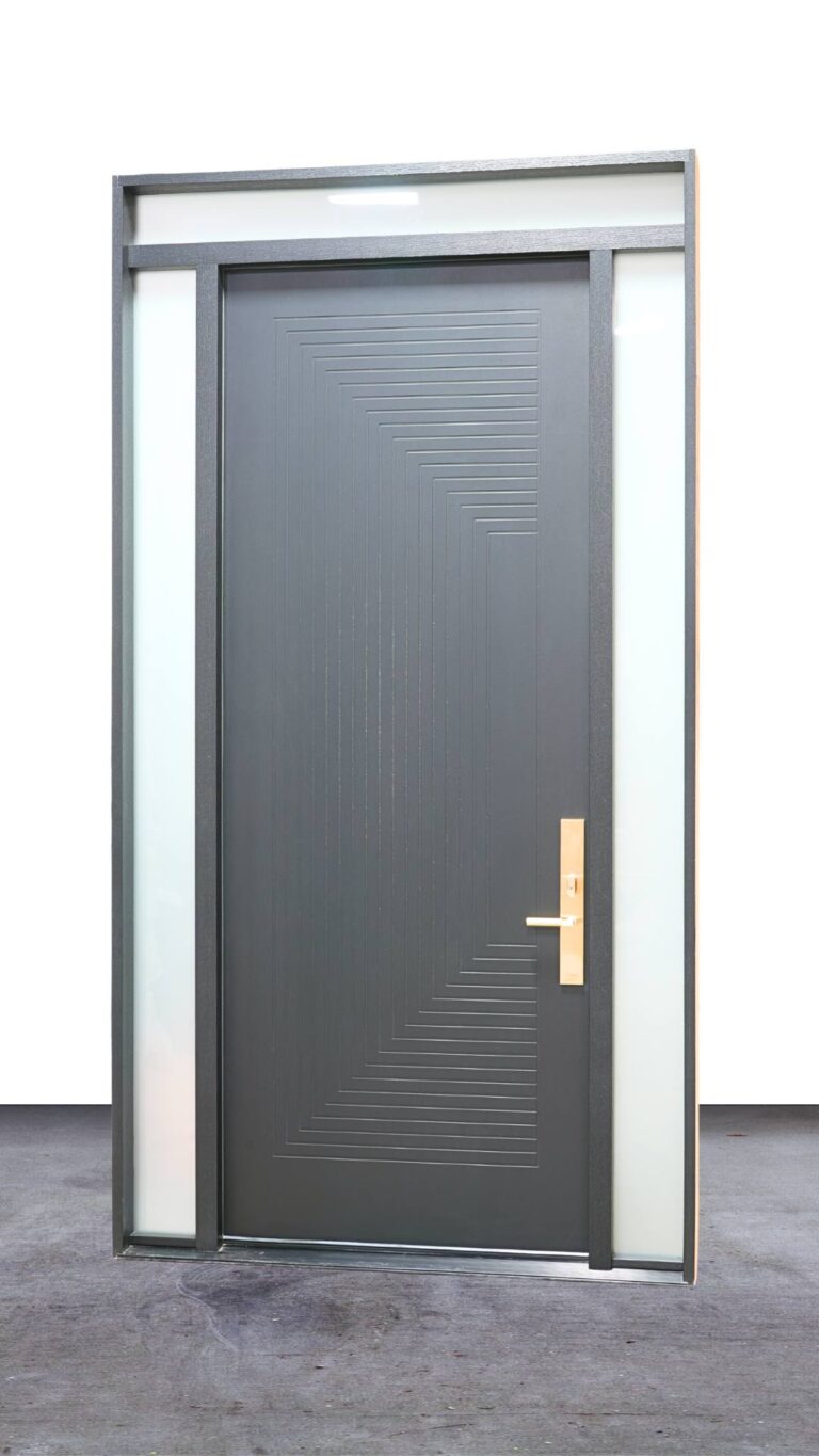 Modern dark fiberglass exterior door with vertical glass insert and black finish 2️⃣